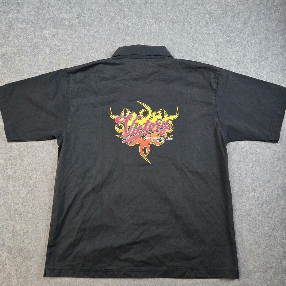 Victory Motorcycles Mechanics Button Up Shirt Mens L Black Shop Pit Crew Flames